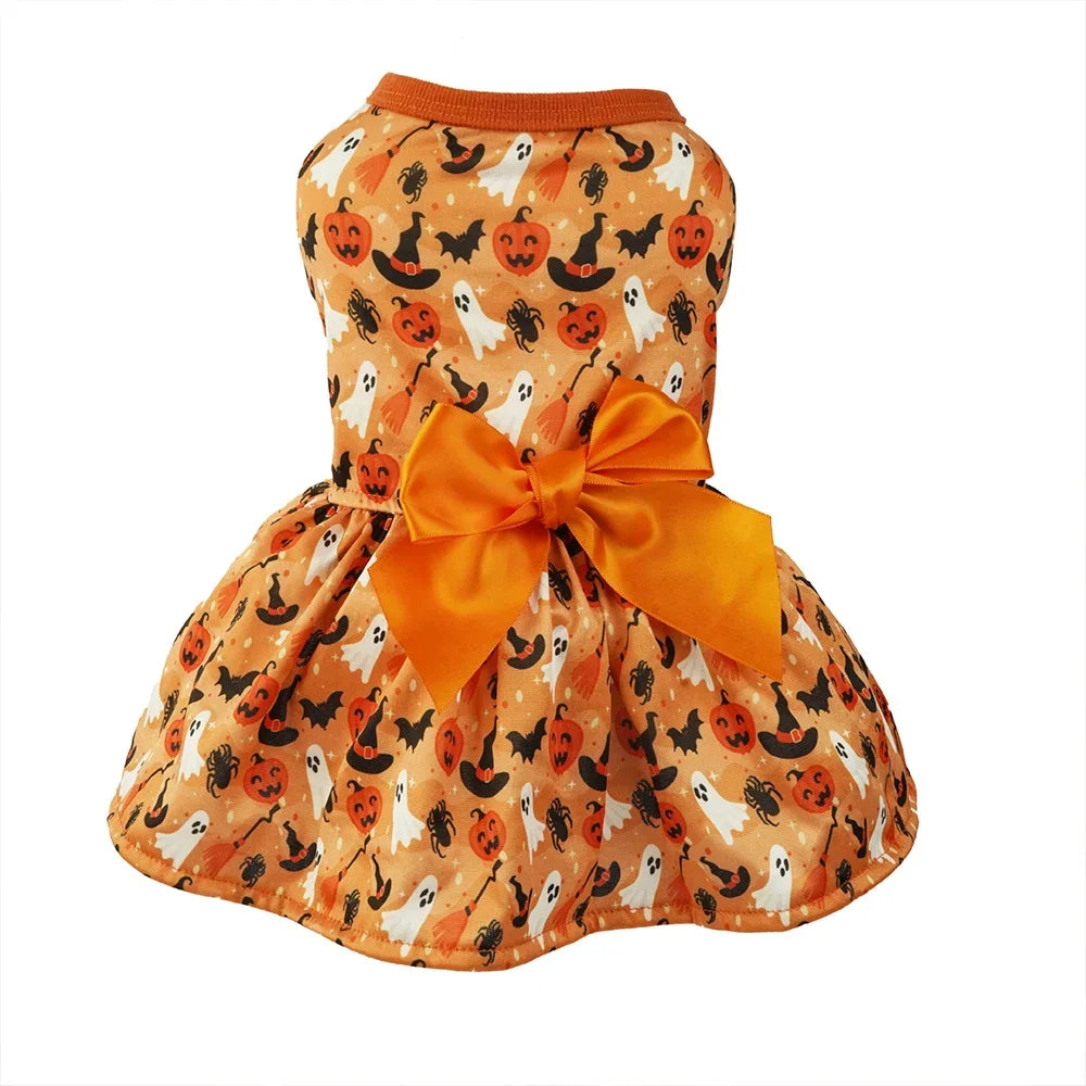 Halloween Dog Dress with Pumpkin & Bat Print