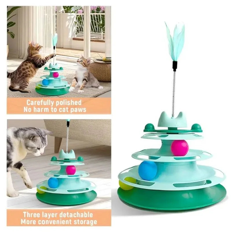 Interactive Cat Toy Tower with Turntable, Track, and Feather Balls