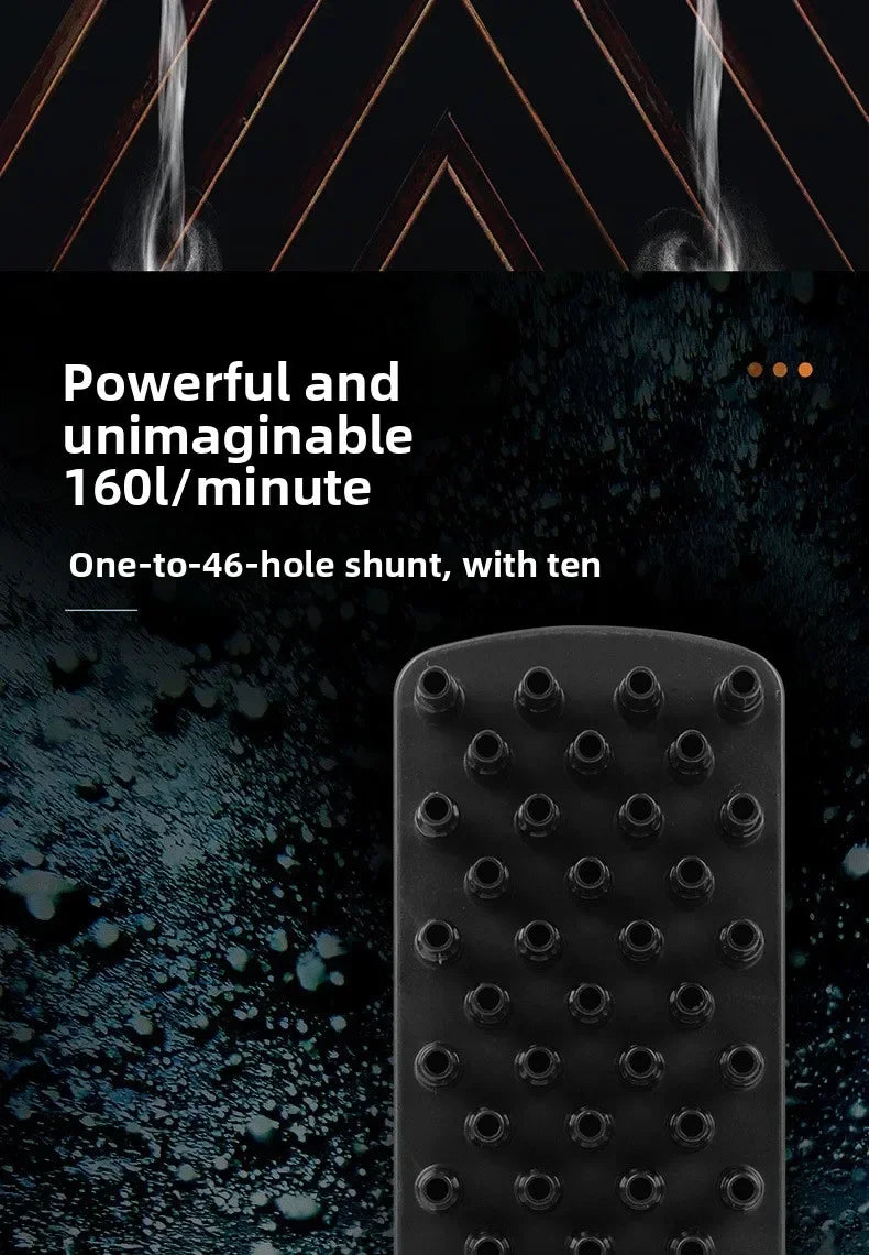 A close-up view of a black air pump with multiple holes, set against a dark, textured background.