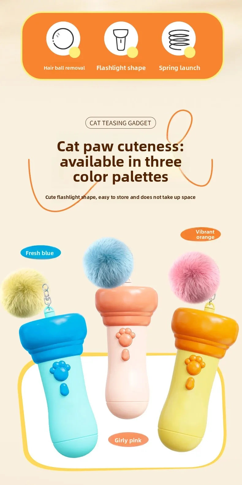 Three color palettes of cat paw cuteness gadgets including fresh blue, girly pink, and vibrant orange.