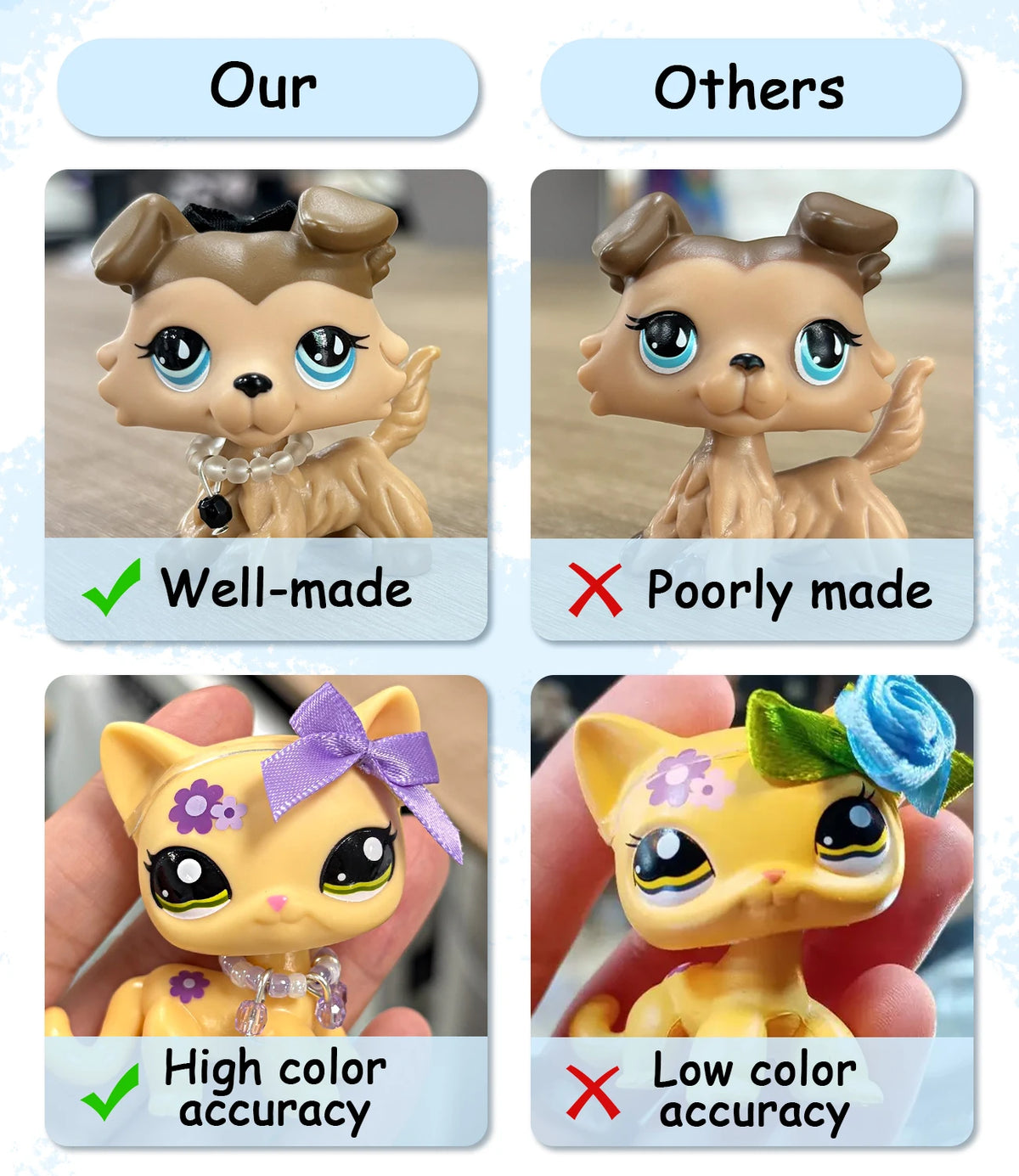 Comparaison de colliers pour animaux faits main, bien réalisés et mal réalisés, pour chiens et chats.
