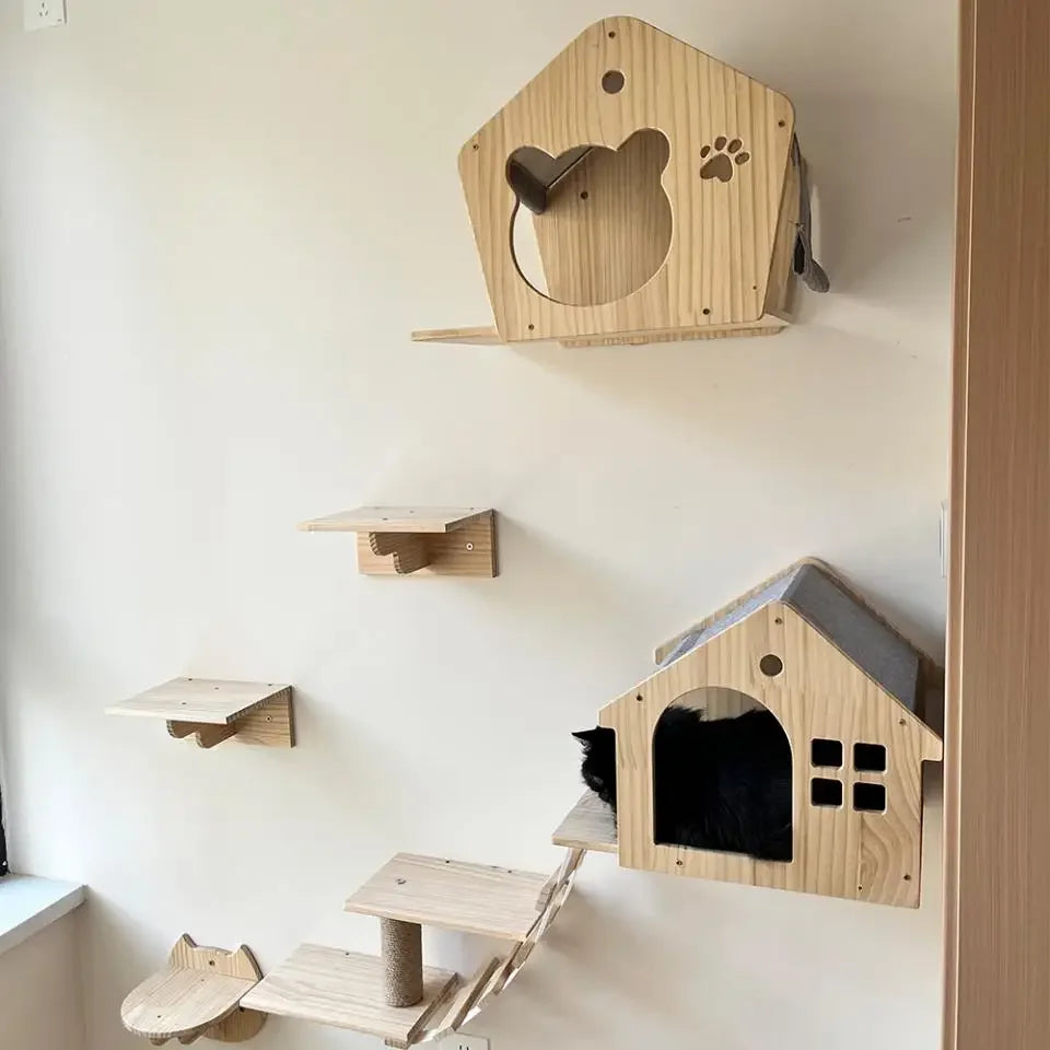 Wall-Mounted Wooden Cat Climbing Set with Sisal Scratching Post and Hammock