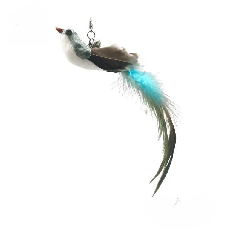 Katzenfederspielzeug mit vogelartigem Kopf, braun-grauen Federn und einem leuchtend blauen Schwanz mit Klingel.