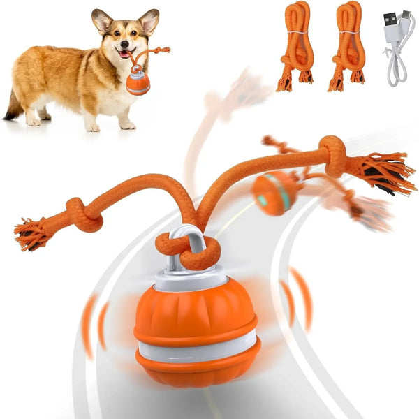 An orange interactive pet ball toy for dogs, shown with a dog and various attachments.