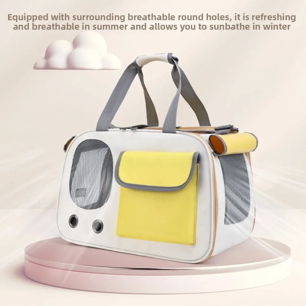 A white lightweight pet carrier with a yellow interior panel and breathable round holes is shown on a pink surface.