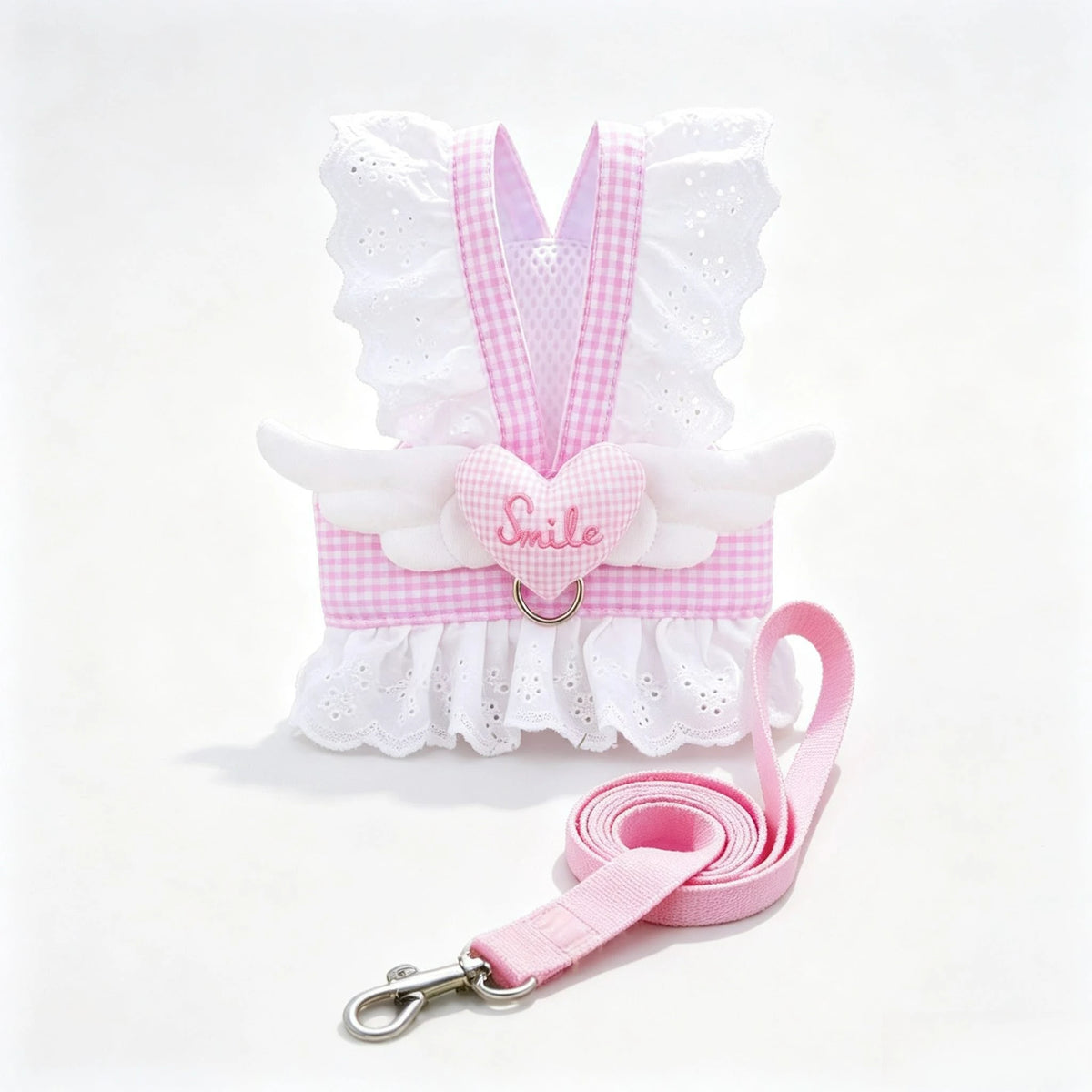 Pink lace ruffle plaid dog harness vest with an angel heart design