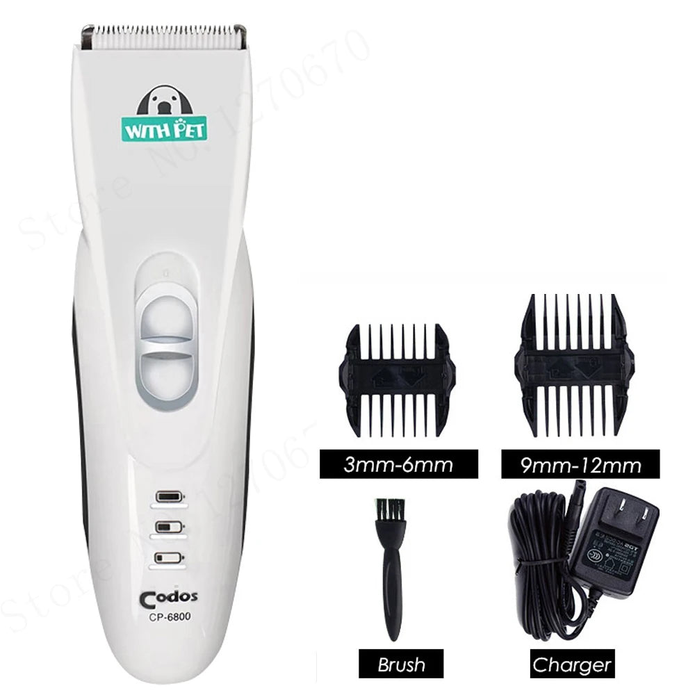 Weißer wiederaufladbarer Pet-Haartrimmer mit abnehmbarem Bürstenkopf und Ladegerät.