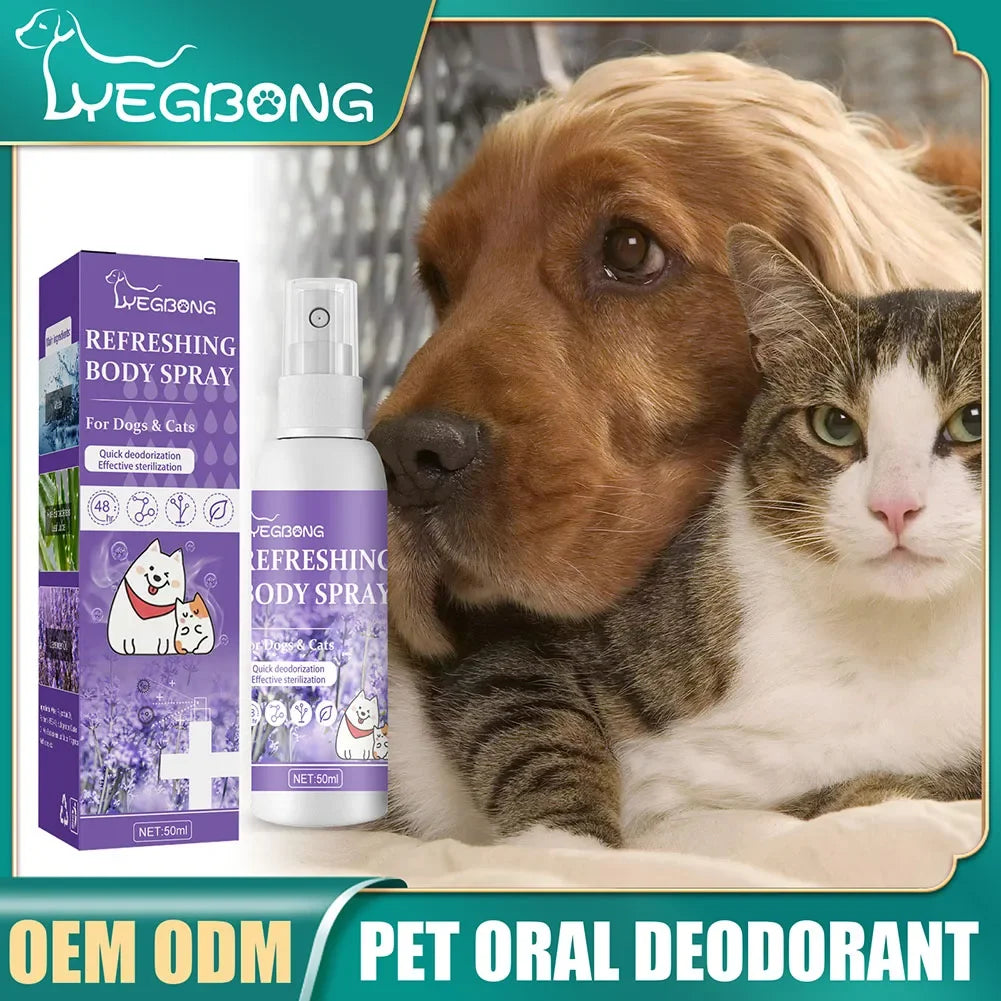 Eine Flasche Legbong Body Spray für Hunde und Katzen neben einem braunen Hund und einer tabbyartigen Katze.