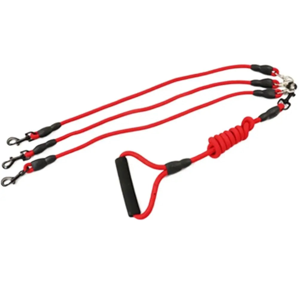 Red 2-way dual dog leash coupler with adjustable handles for walking two dogs