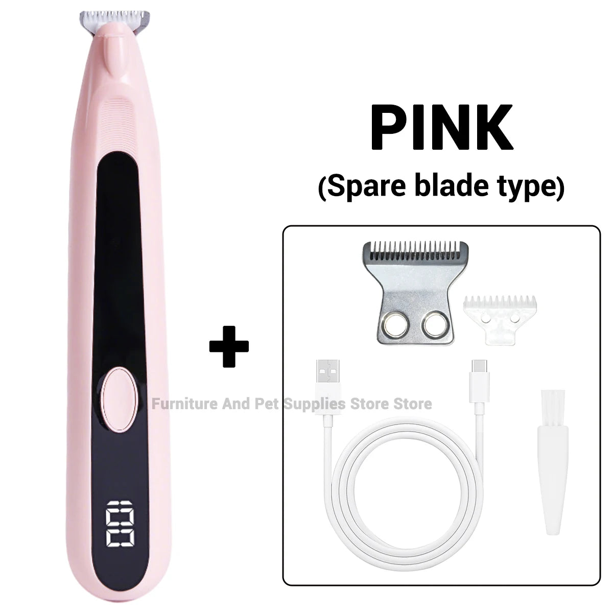 Pinker Elektrikoschneider mit Ersatzklingen und Zubehör auf weißem Hintergrund