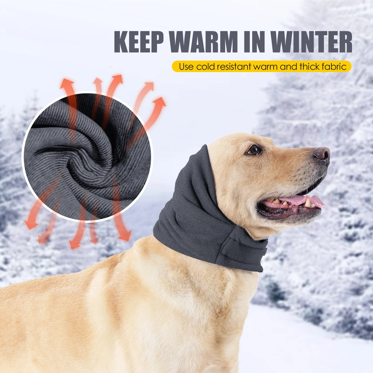 A golden retriever wearing a dark gray fabric hood and ear covers in a snowy outdoor setting.
