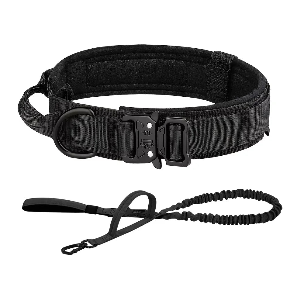 Black tactical dog training collar and leash set with a handle