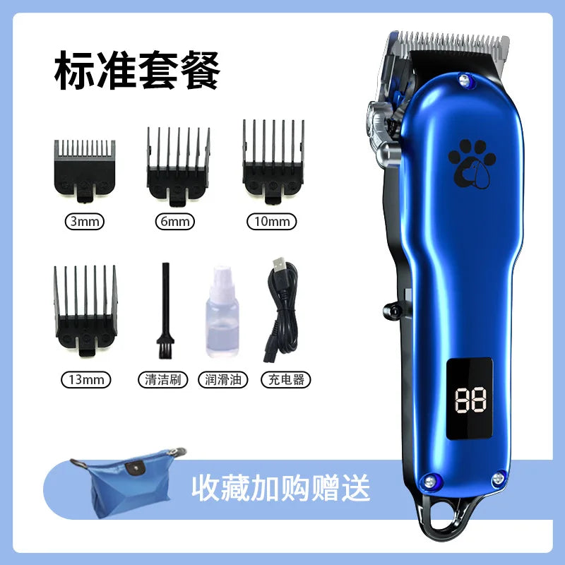 A blue pet hair clipper grooming kit showing various sized combs and attachments.