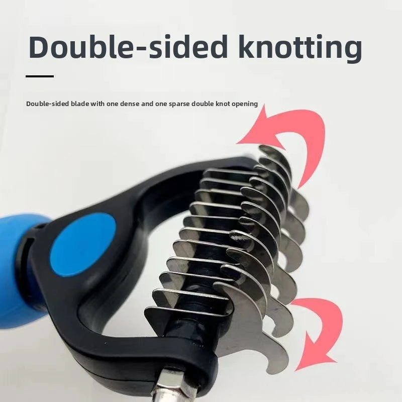 A close-up of a black pet deshedding brush with a blue handle, showing the double-sided knotting mechanism.