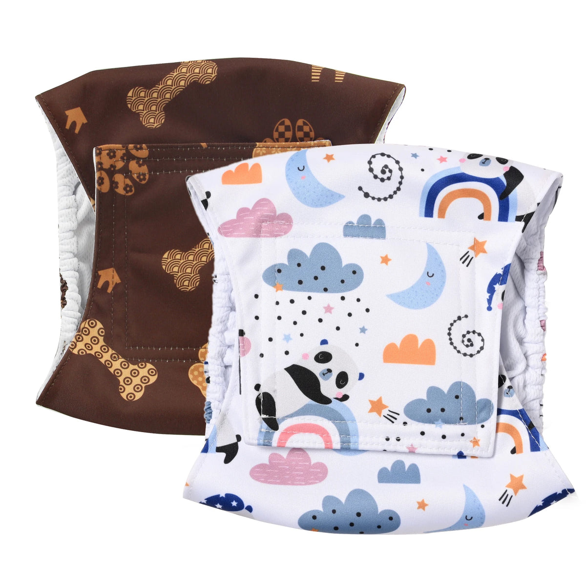 Three washable reusable incontinence diapers for male dogs in brown and white patterns