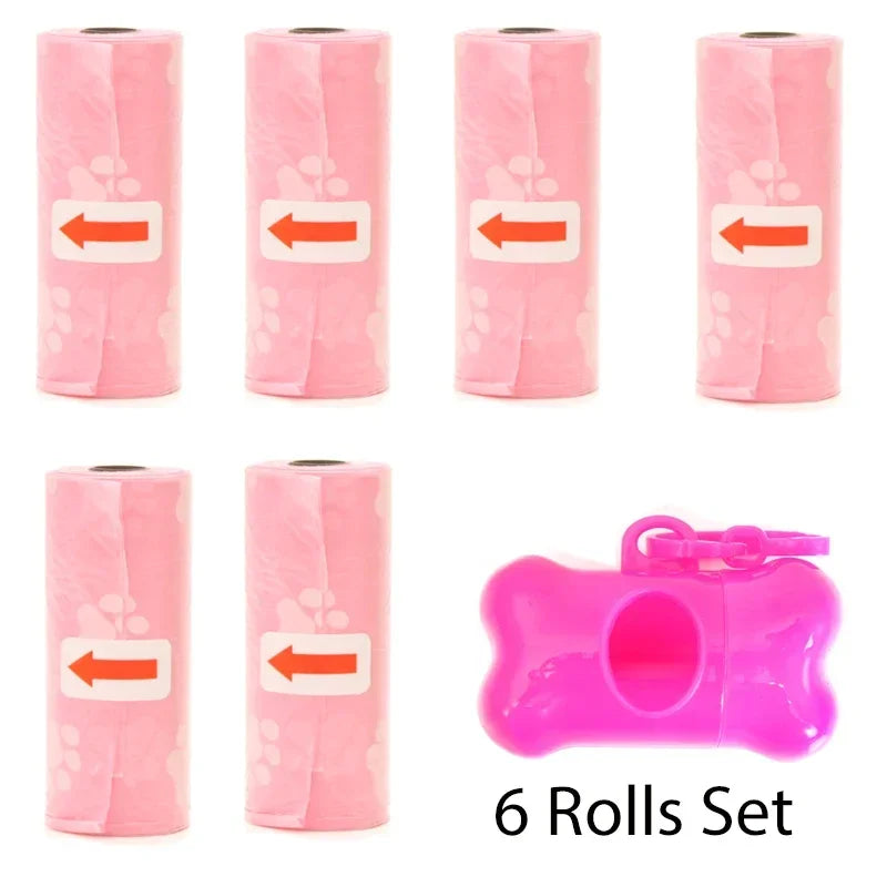 A set of six pink reusable pet poop bag dispensers with orange arrows and a pink leash clip.