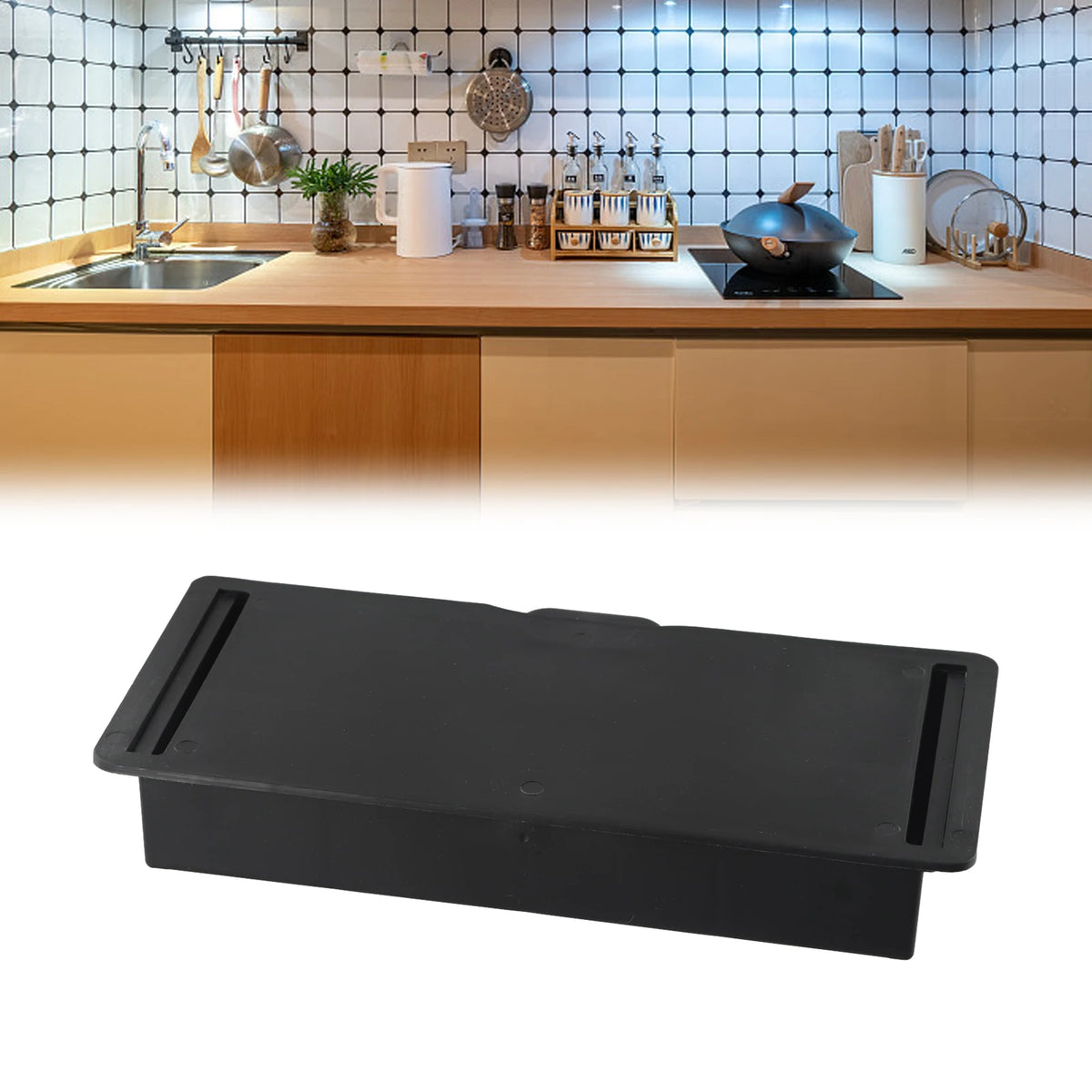 A black under desk drawer organizer with a dust-proof cover.
