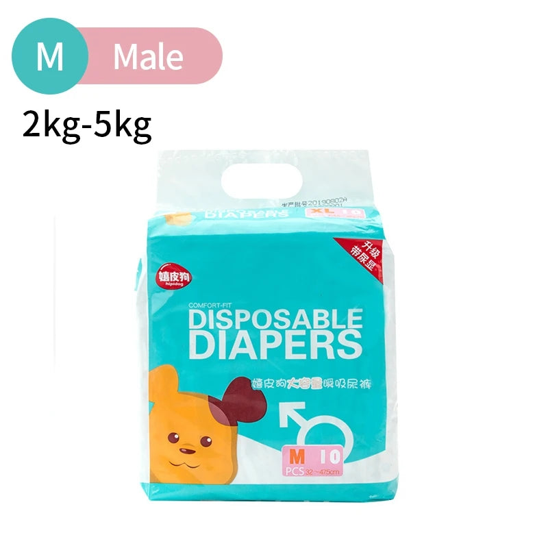 A package of disposable diapers for dogs labeled M size, showing a yellow puppy graphic.