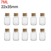 A set of ten mini glass bottles with cork stoppers, measuring 7ml and 22x35mm.