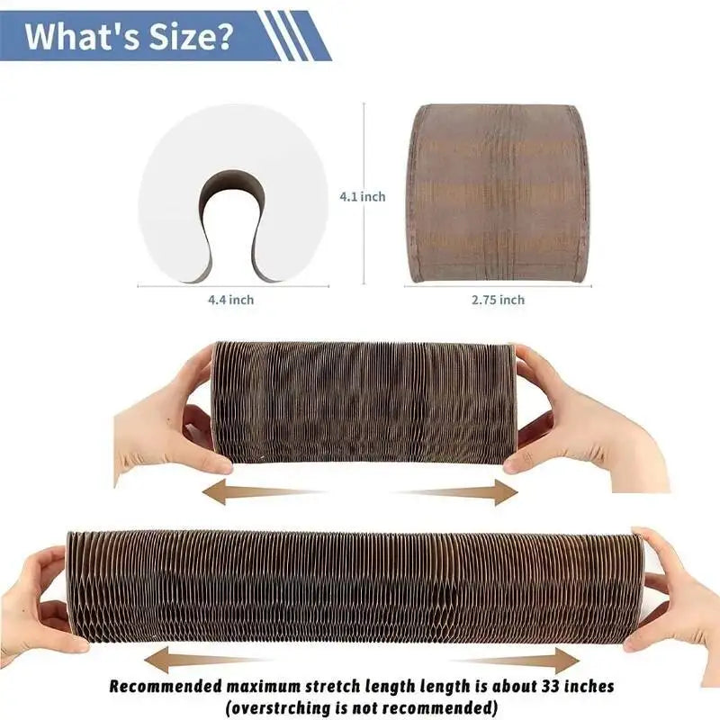 A round corrugated cat scratcher toy with a sisal surface shown in various sizes and dimensions.