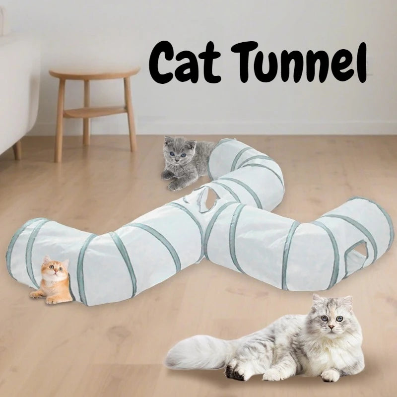 A light blue and white collapsible cat tunnel is shown with a cat playing on it.