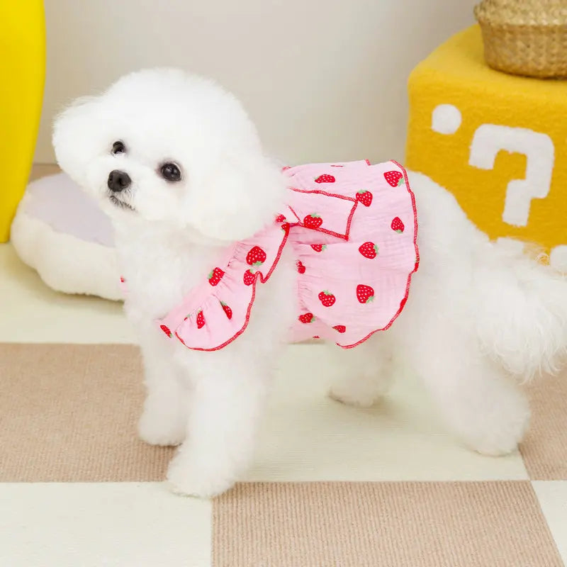 Strawberry Print Dog Dress with Bow for Small Breeds