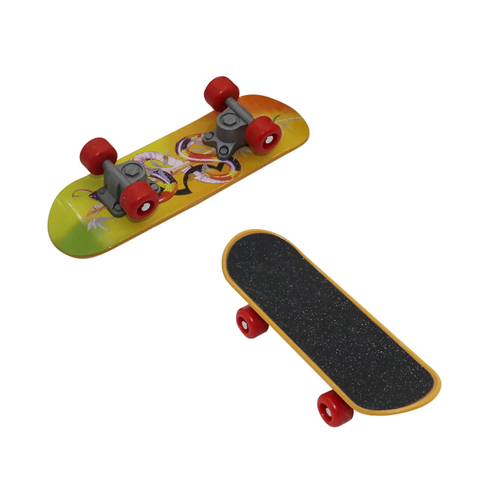A yellow mini skateboard toy with red wheels and a bird design on the deck.