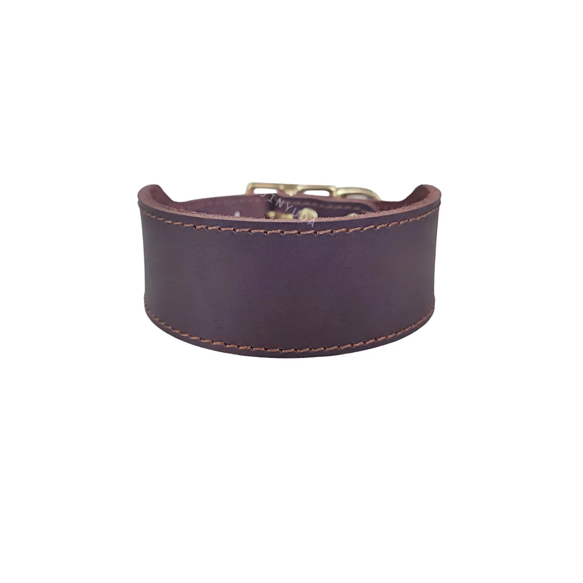 A dark brown genuine leather extra wide dog collar with a brass buckle.