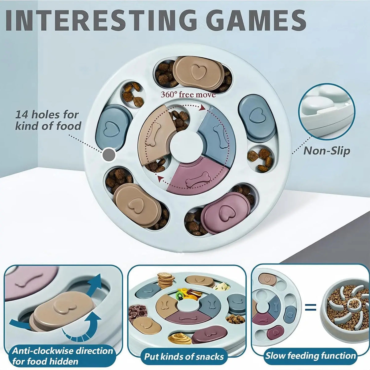 A white puzzle feeder toy with 14 holes for food, designed for slow feeding and mental enrichment of dogs.