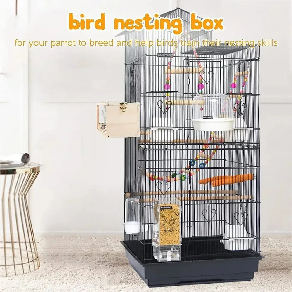 A tall, black bird nesting box with multiple perches and decorations is displayed on a light-colored floor.
