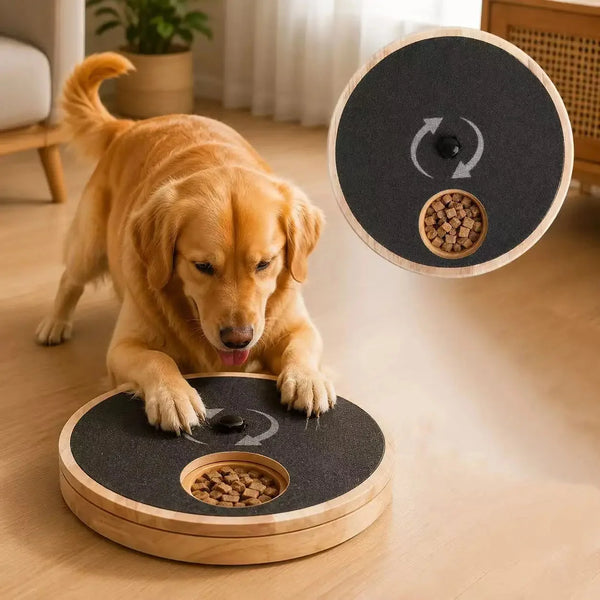 A golden retriever dog is interacting with a rotating wooden treat puzzle toy for dogs.