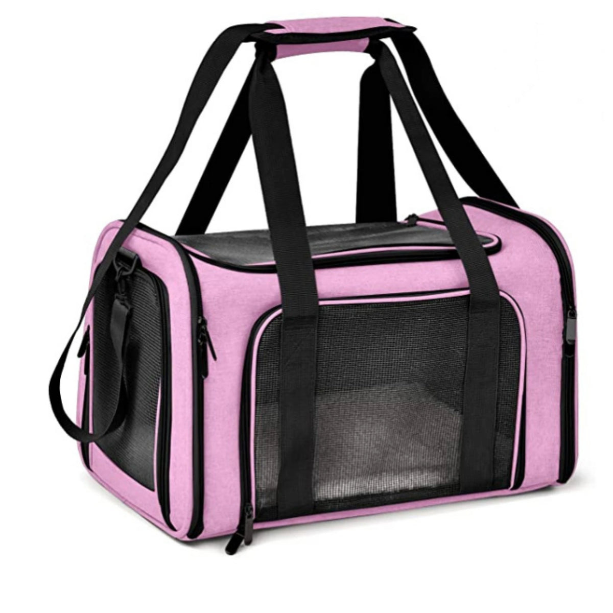 A pink soft-sided pet carrier for cats and small dogs with black handles and mesh window.