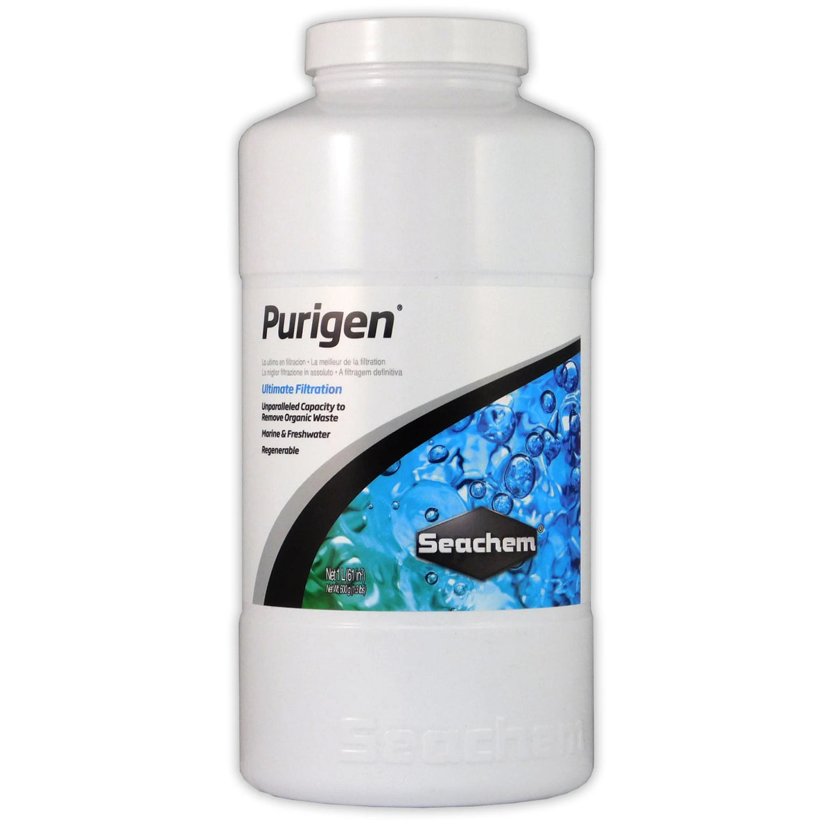 A white plastic bottle of Purigen Ultimate Filtration Seachem organic aquarium water filter resin.
