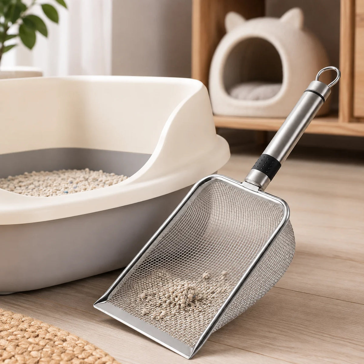 A stainless steel cat litter scoop with a fine mesh sifter and long handle resting on a wooden surface.