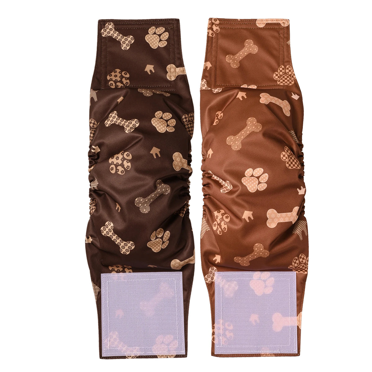 A pair of brown reusable adjustable belly bands for male dogs with gold paw print patterns.