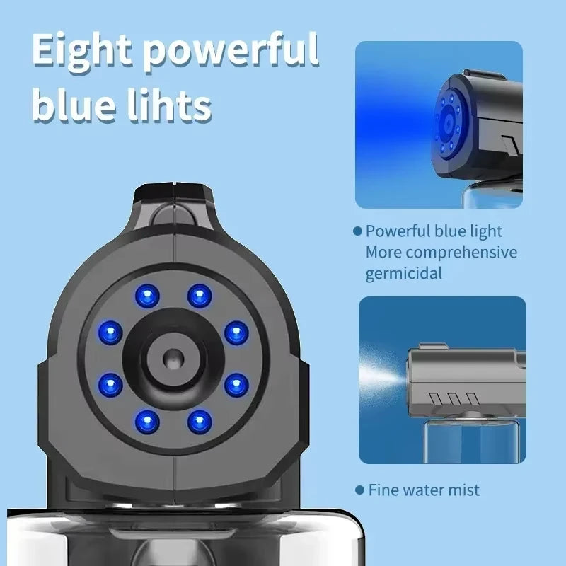 A close-up view of a black blue light sprayer device with multiple blue lights and a fine water mist feature.