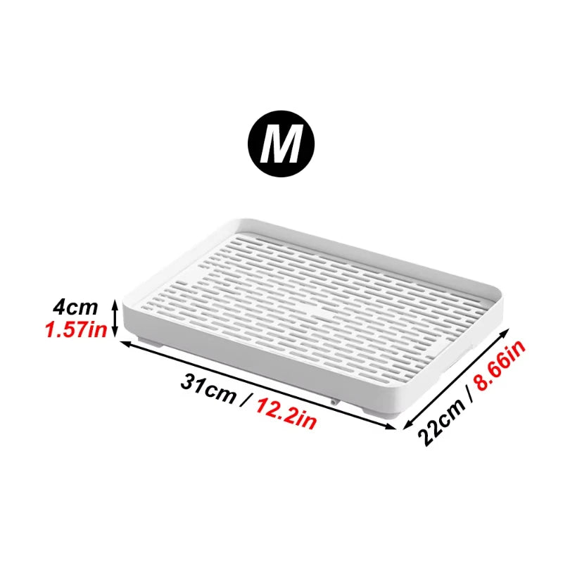White rectangular pet litter box with a grid design and measurement labels.