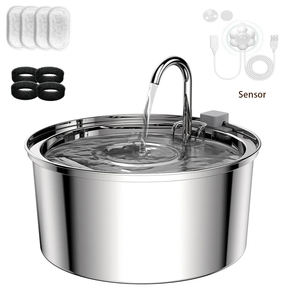 Stainless steel pet water fountain with a metal spout and sensor components
