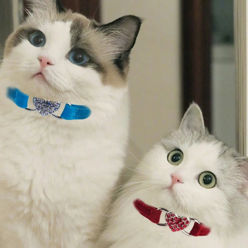 Heart-Shaped Velvet Cat Collar with Bell