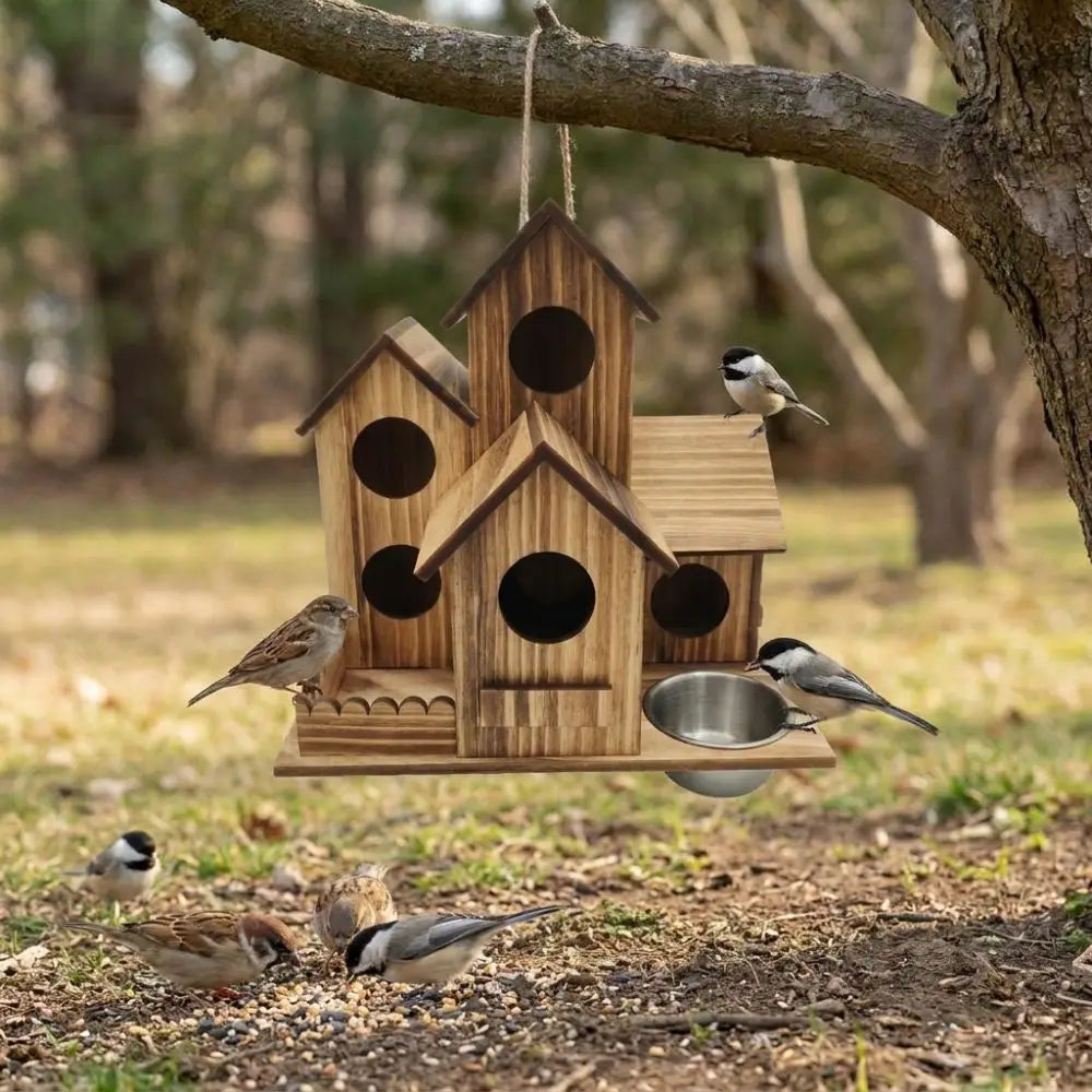 A handcrafted wooden bird house feeder with multiple entrances hanging from a tree branch, with small birds feeding nearby.