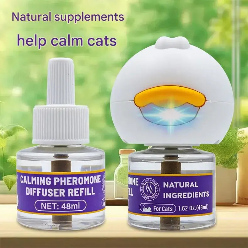 A white electric pheromone diffuser bottle with an orange top and a glass refill bottle, used to calm cats.