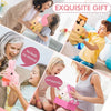 A woman is giving an exquisite gift of an interactive plush bunny to a child.