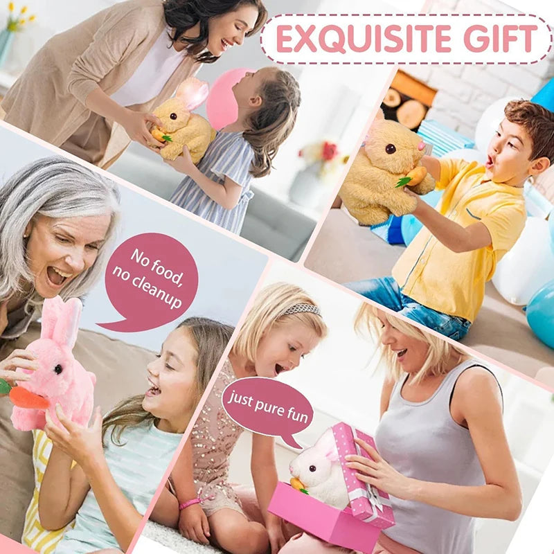 A woman is giving an exquisite gift of an interactive plush bunny to a child.