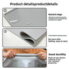 Three views of a gray silicone pet feeding mat showing its raised edge, folding capability, and durable material.