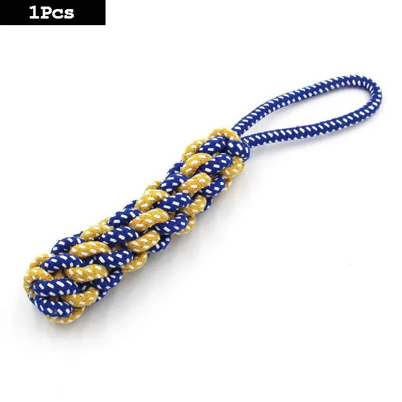 A set of interactive cotton rope dog toys shaped like a carrot and dumbbell, featuring blue and yellow braided rope.