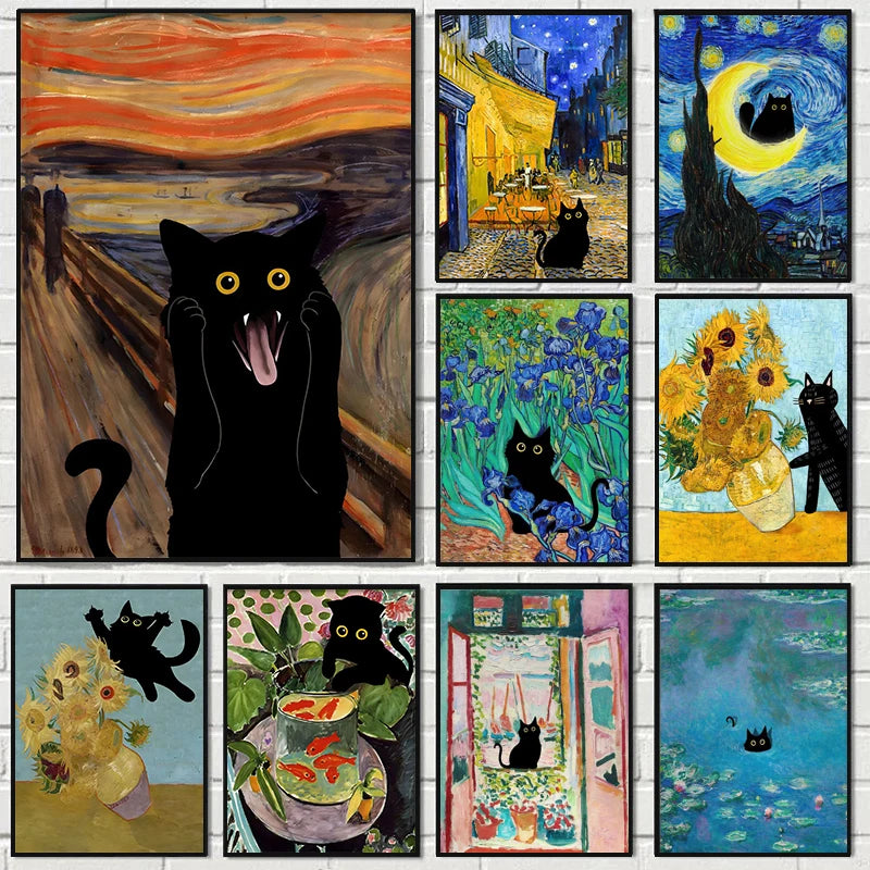 A collage of various art prints featuring cats, landscapes, and colorful abstract paintings.