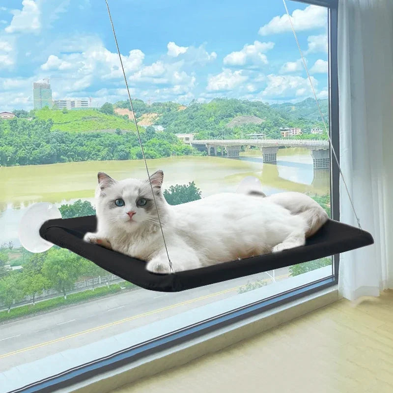 A white cat is relaxing on a black window hammock with a scenic view outside.