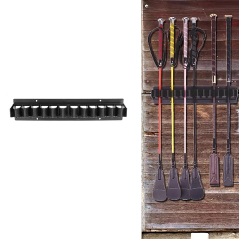 Wall-mounted equestrian whip rack displaying various colored whips and riding crops.
