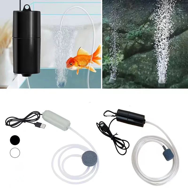 A black USB aquarium air pump with adjustable flow and air stones, shown with various components.