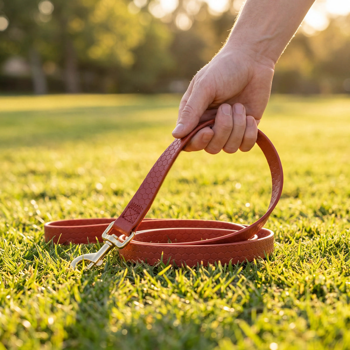 A hand is holding a brown leather dog leash with a rustproof metal hook on a grassy field.